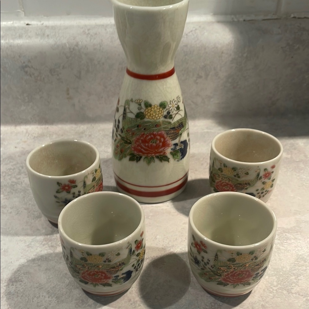 Vintage Asian Floral Ceramic Sake Set